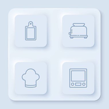 Hattı kesme tahtası, tost makinesi, şef şapkası ve elektronik terazi. Beyaz kare düğme. Vektör.