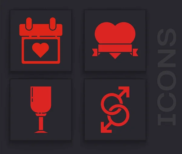 Set Homme Symbole Genre Calendrier Avec Coeur Coeur Ruban Verre — Image vectorielle