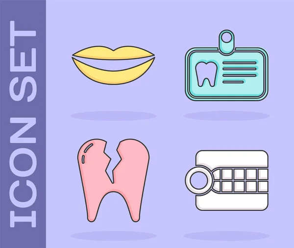 Set Modelo Dentadura Postiza Labios Sonrientes Diente Roto Tarjeta Identificación — Vector de stock