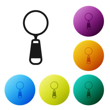 Beyaz arka planda siyah büyüteç simgesi izole edildi. Arama, odaklanma, yakınlaştırma, iş sembolü. Simgeleri renk daire düğmelerine ayarla. Vektör.