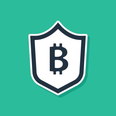 Yeşil arka planda bitcoin simgesi olan Mavi Kalkan. Kripto para madenciliği, engelleme teknolojisi, güvenlik, koruma, dijital para. Vektör.