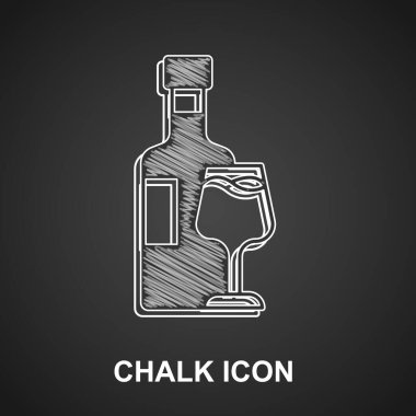 Siyah arka planda cam ikonlu tebeşir şarabı şişesi. Vektör.