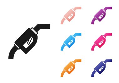 Beyaz arka planda siyah benzin pompası ikonu izole edildi. Yakıt pompası istasyonu. Yakıt ikmal tabelası. Benzin istasyonu ikonu. Simgeleri renklendirin. Vektör.