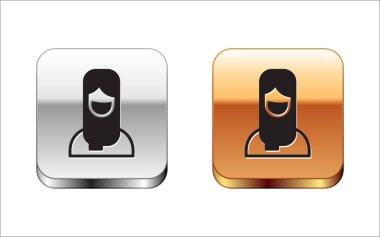 Beyaz arka planda, tesettürlü siyah Müslüman kadın izole edildi. Gümüş ve altın kare düğmeler. Vektör.