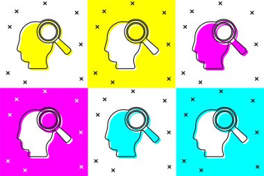 Renk arkaplanında izole edilmiş bir insan simgesini aramak için büyüteç ayarlayın. İşe alma ya da seçme. Çalışanları ve işi ara. Vektör.