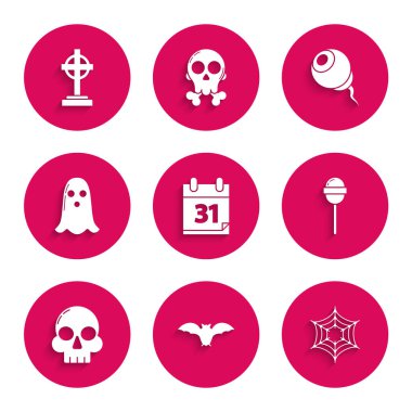 Takvimi Cadılar Bayramı 'nın 31 Ekim tarihli Uçan Yarasa Örümcek Ağı Lolipop Kafatası Hayalet Gözü ve Tombstone haç simgesi ile ayarla. Vektör.