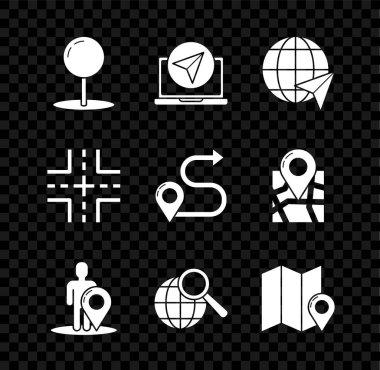 Şehir haritası navigasyon konumunun Push pin bilgisini, siluet kişi büyüteci, cam katlanmış konum trafik ışığı ve yol simgesi ile dünya haritası işaretleyicisini ayarlayın. Vektör.