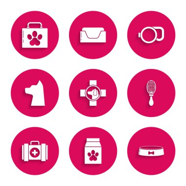 Evcil hayvan kase kılı fırça köpeği ve kedi ilk yardım çantası için veteriner kliniği sembolü Cat Retracable ip tasması ve ikon. Vektör.