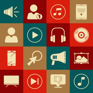 Müzik notası tonu ayarla Resim peyzajı Vinil disk oyun çemberi Arkadaş sözcüsü sesi ve kulaklık simgesi ekle. Vektör.