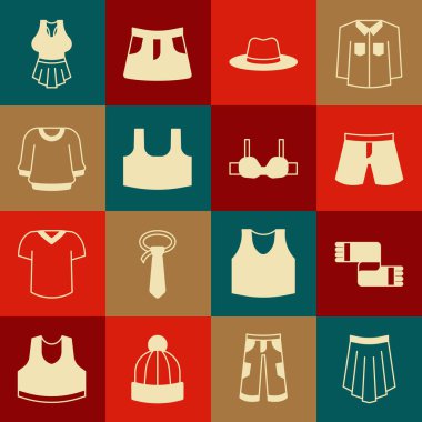 Etek Kış Atkısı Şortu ya da Pantolon Adam Fötr Şapkalı Süveter ve Sütyen ikonu. Vektör.