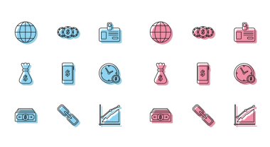 Hat Stacks kağıt para nakit zinciri Zincir dünya turta grafiği Infographic Smartphone dolar sembolü Zaman para çantası ve sikke ikonu. Vektör.