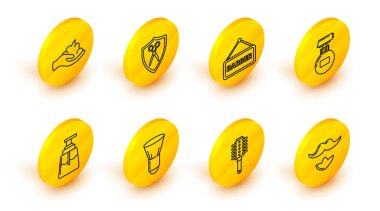 Bıyık ve sakal fırçası tıraş losyonu losyonu veya losyon kozmetik tüp makas, berber kalkanı ve jel köpüğü el ikonu. Vektör.