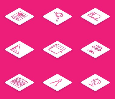 Grafik grafikli çizgi tahtasını büyüteç cam bilgisayar monitörü klavye ve fare üçgen cetvel Notebook ödül kupası takvimi ve çizim pusula simgesi ile ayarla. Vektör.