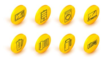 Hat güç bankasını farklı şarjlı kablo kablosu olan uzaktan kumandalı dizüstü bilgisayar kumandası çift kazan ve mikrodalga fırın ikonu ile ayarla. Vektör.