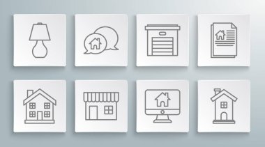 Hat Ev Sembolü Evi 'ni konuşma baloncuğu alışverişinde ya da market bilgisayar monitöründe akıllı ev garajı sözleşmesi ve masa lambası ikonu ile ayarla. Vektör.