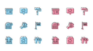 Ev Alış-veriş binası ya da market mağazası dolar mağazası, Emlakçı Asma tabelası, Satış Deposu ve Harita işaretleyici simgesi olan çizgi ev sembolü kutusunu ayarla. Vektör.