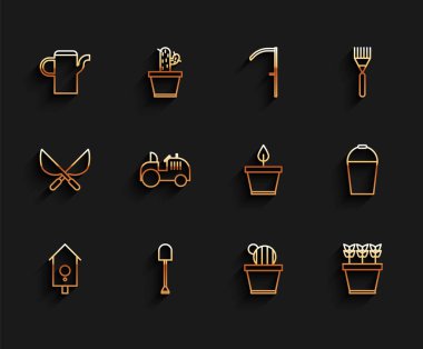 Retro duvar nöbetini, Kürek Sulama Kutusu Kaktüs 'ü, Bitki Bitkileri Traktör Kovası' nı ve ikonu hazırlayın. Vektör.