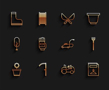 Çiçek hattını kabın içine koyun. Tırpanla su geçirmez lastik bot Traktör A tohumu tam tohumlu bitki bahçesi eldiven dirgeni ve çim biçme makinesi ikonu. Vektör.