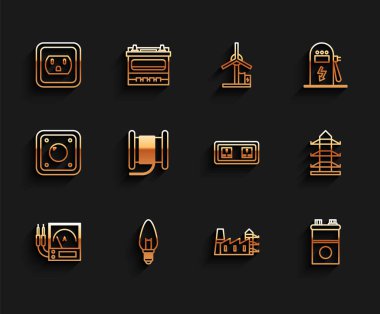 A.B.D. Elektrik Santrali 'ndeki Ampere metre voltmetre ampulü elektrik prizi ve fabrika otomobil aküsü elektrik kablosu davul davulu yüksek voltaj elektrik direği hattı ve ikonu ayarlayın. Vektör.