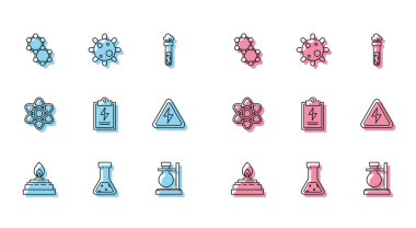 Alkol ya da ruh yakıcı test tüpü ve kimyasal molekülü kontrol listesindeki yüksek voltajlı atom ve bakteri ikonu ile laboratuvar panosuna yerleştir. Vektör.