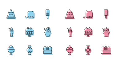 Şekerli kekle dondurmayı tabağa koy. Milkshake ve cam kavanozda ikon içinde şekerler olsun. Vektör.