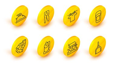 Dustpan Evi Temizlik Servisi Tuvalet kağıdı rulo çorap kovası kurutma giysileri tokası ve elektrikli ütü ikonu. Vektör.