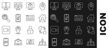 Hiyerarşi organizogramı çizelgesini mobil büyüteç üzerinde çalışan Dilsiz mikrofon üzerinde evrak çantası görüntülü sohbet konferansı ve ikonu ile ayarla. Vektör.