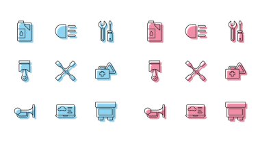 Otomobil yağı teneke kutusunun sinyal kornasını, motor yağı sigorta anahtarı ilk yardım çantası ve uyarı üçgeni motor pistonu ve yüksek ışın ikonu için ayarla. Vektör.