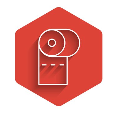 Beyaz çizgi tuvalet kağıdı rulo ikonu uzun gölgeli izole edilmiş. Kırmızı altıgen düğmesi. Vektör İllüstrasyonu.