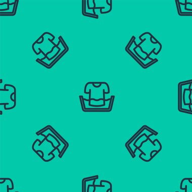 Mavi çizgili plastik leğen, yeşil arka planda izole edilmiş tişört simgesi. Sulu kase. Çamaşır yıkama, temizlik malzemeleri. Vektör.