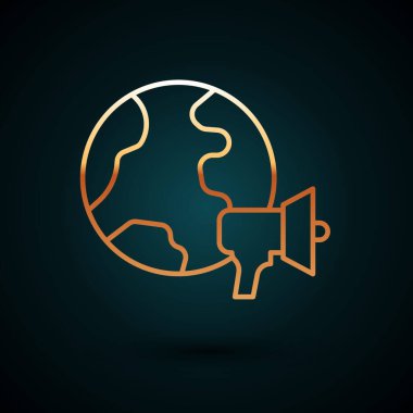 Altın çizgili Dünya haber simgesi koyu mavi arka planda izole edildi. Flaş haber, dünya haber kanalı. Vektör.