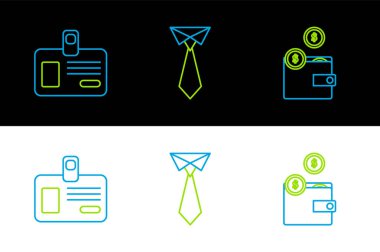 Cüzdanı bozuk para kimlik kartı ve kravat simgesiyle ayarlayın. Vektör.