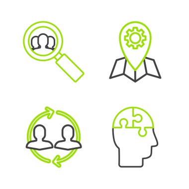 İnsan kafası, strateji kaynakları, yer bulma işi ve arama insanları simgesi için büyüteç oluşturur. Vektör.