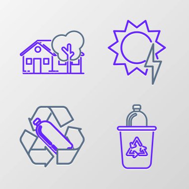 Geri dönüşüm sembolü olan geri dönüşüm kutusunu plastik şişe güneş enerjisi paneli ve çevre dostu ev ikonu ile ayarla. Vektör.