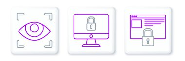 Satırı HTTPS SSL Göz Taraması ve Bilgisayar monitörü simgesinde Kilitle ile sabitleyin. Vektör.