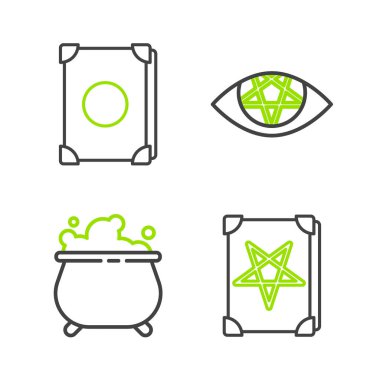 Kadim büyü kitabı cadı kazanı, pentagram ve ikon. Vektör.