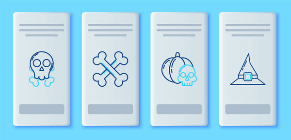 Установить линию скрещенных костей тыквы и черепа черепа перекрестия костей и колдовской шляпы значок. Вектор.