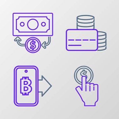 Hat El 'in elinde mobil kredi kartındaki madeni para madenciliği bitcoin' i ve Stacks 'ın kağıt para ikonu var. Vektör.