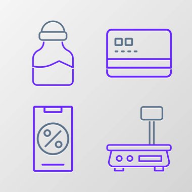 Elektronik ölçekler yüzde indirimi, mobil kredi kartı ve konserve ikonundaki Spice 'ı ayarla. Vektör.