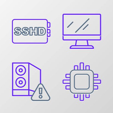 Bilgisayar monitörü ekranı ve SSHD kart simgesi işlemcisi ile satır işlemcisini ayarla. Vektör.