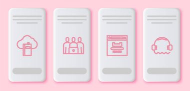 Satır Cloud ya da online kütüphane, Online sınıf, Tarayıcı pencere ve kulaklıkları ayarla. Beyaz dikdörtgen düğme. Vektör.