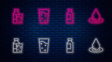 Bardağı suyla doldur, bir şişe su, bardak ve su damlası. Tuğla duvarda parlayan neon simgesi. Vektör.