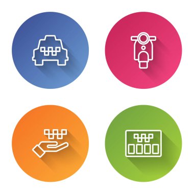 Taksi, Scooter, taksimetre ve el taksimetre ayarlayın. Renkli daire düğmesi. Vektör.