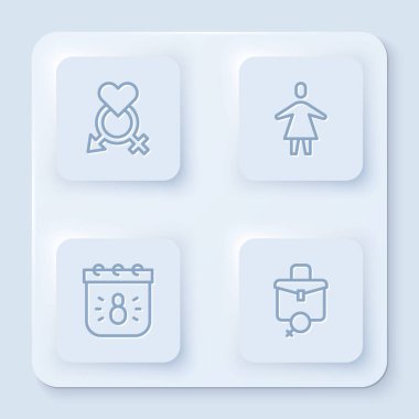 8 Mart 'ta Kadın Cinsiyeti Takvimi ve Kadın Çalışmaları. Beyaz kare düğme. Vektör.