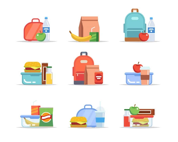 Lancheira - diferentes tipos de almoços, refeição escolar e lanche, bandejas de almoço para crianças com frutas, hambúrgueres, água — Fotografia de Stock