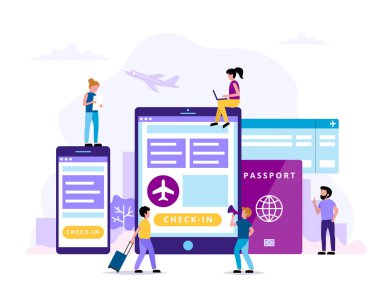 Check-in, tablet, akıllı telefon, pasaport, biniş kartı ile konsept illüstrasyon. Çeşitli görevleri yapan küçük insanlar.