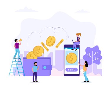 Para transferi, cüzdandan akıllı telefona para gönderme. Çeşitli görevler yapan küçük insan karakterleri