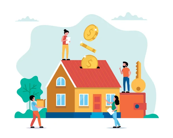 Investera pengar i fastigheter, köpa hus, små människor gör olika uppgifter. Koncept vektor illustration i platt stil — Stock vektor