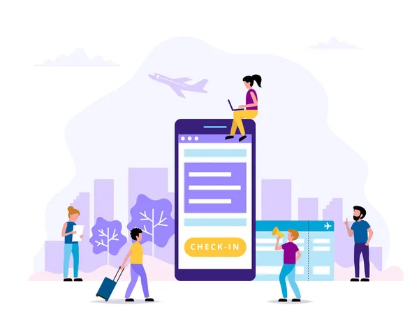 チェックイン、スマートフォン付きコンセプトイラスト、搭乗券。様々な仕事をしている小さな人たち。ベクトル — ストックベクタ