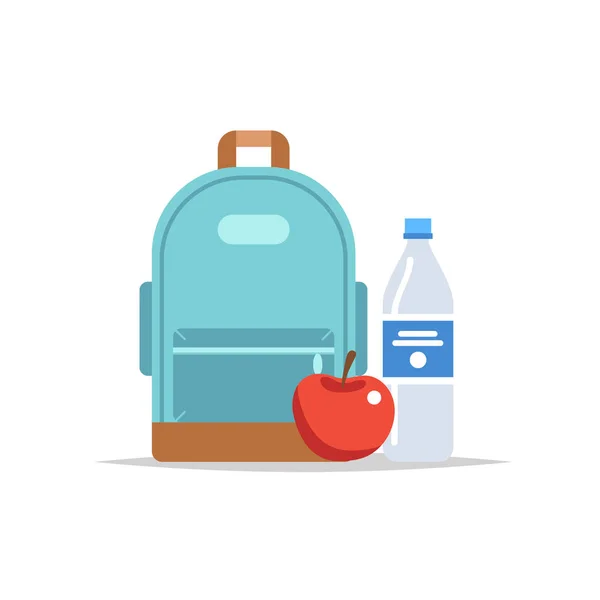 Lunchbox - backpack with a meal, water, and an apple. School meal, children s lunch. Vector illustration in flat style